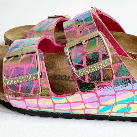 Birkenstock Arizona Sandal Slide Leather Pink Gator Gleem Hologram Iridescent 8 - Picture 6 of 9